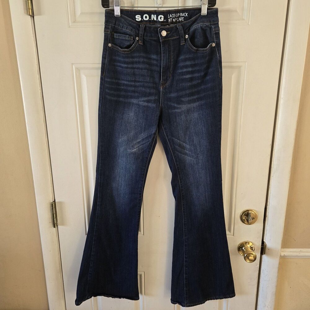S.O.N.G Women Sz 9 29 Lace Up Back Fit N Flare Jeans Blue Stretch Denim Y2K Boho